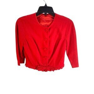 1950s Handmade Red Cropped Jacket XS Small Vintage Bow Trim Button Front